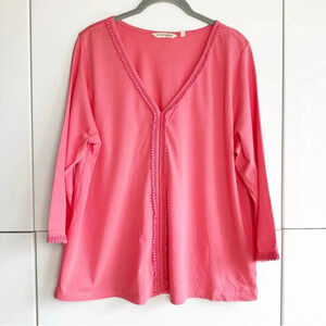 Soft Surroundings Coral 3/4 Sleeve Knit Shirt V Neck Lace Detail Cotton Size XL